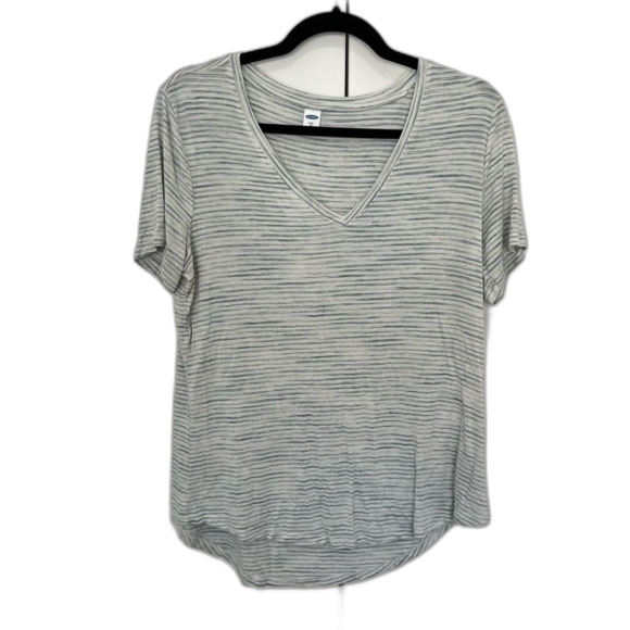 Old Navy Luxe Tee Shirt V Neck Grey Stripe Short Sleeve Size Medium - Picture 1 of 5